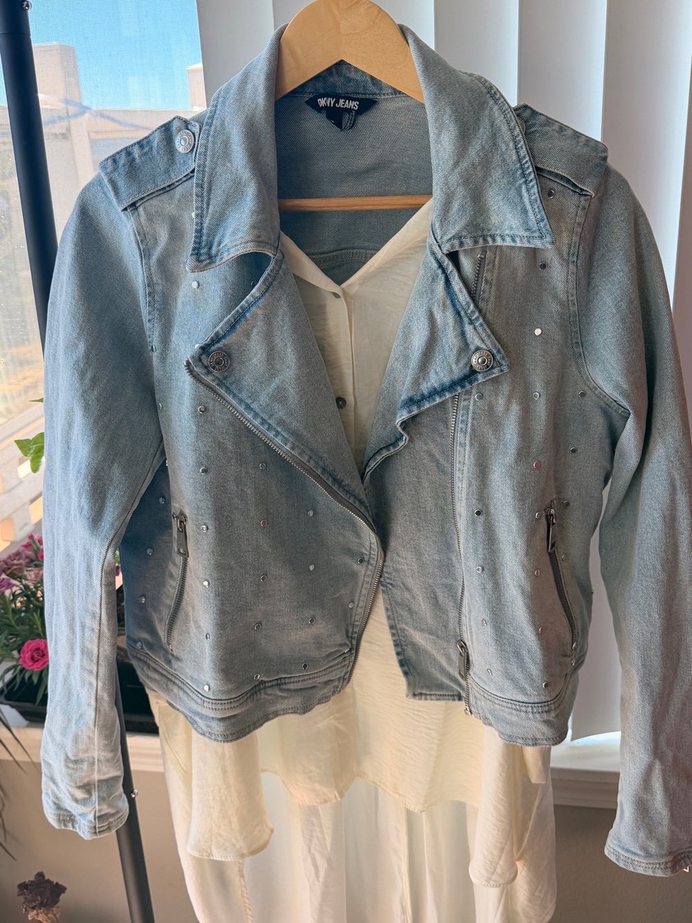 DKNY Light Blue Studded Denim Moto Jacket